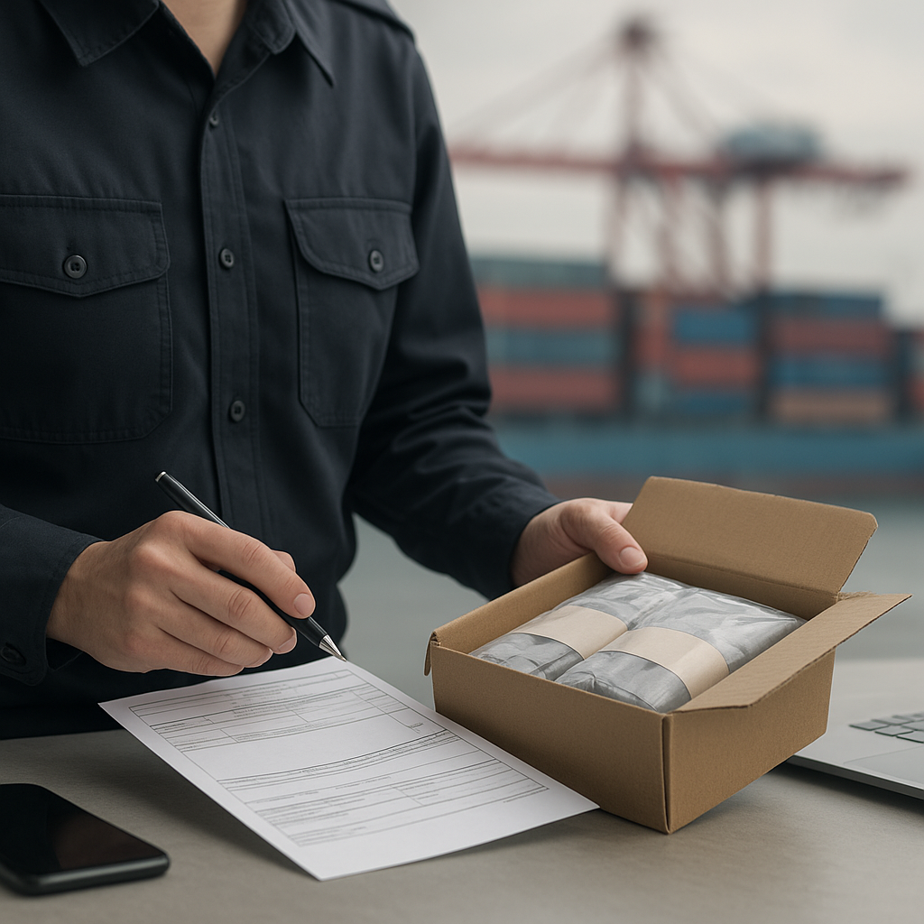 Таможенный инспектор рассматривает коммерческий инвойс и несколько одинаковых посылок на столе, на фоне размытый контейнерный терминал.
