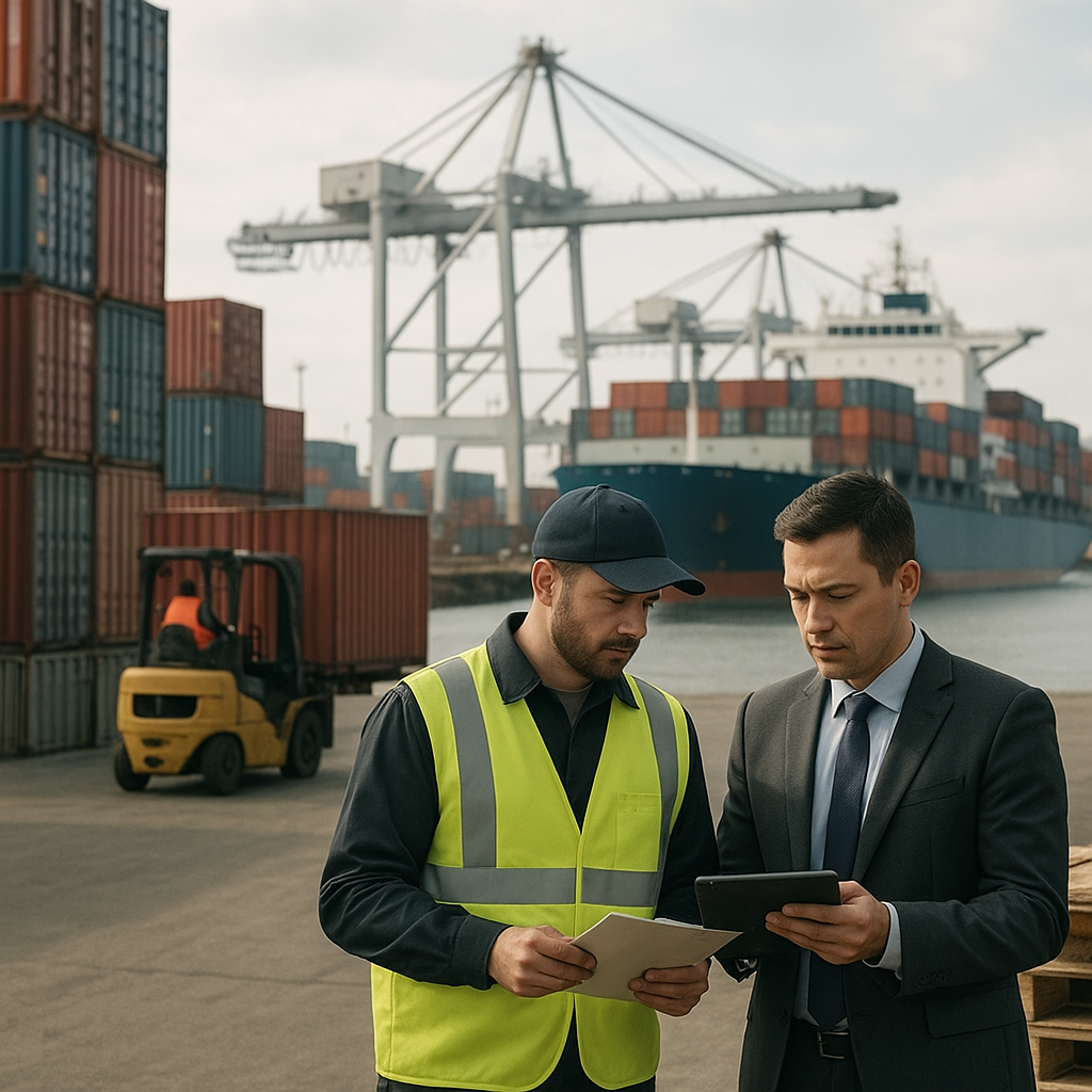 Портовая сцена с контейнерами, грузовым судном, краном и таможенным инспектором с планшетом, обсуждающими поставки и документы