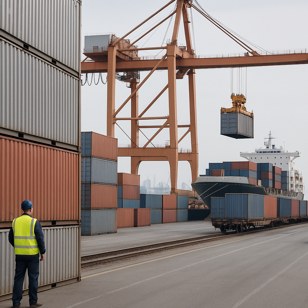 Панорамный вид контейнерного терминала с краном, 40‑футовыми контейнерами, грузовым поездом и грузовиком, иллюстрирующий рост логистических расходов между Китаем и Россией