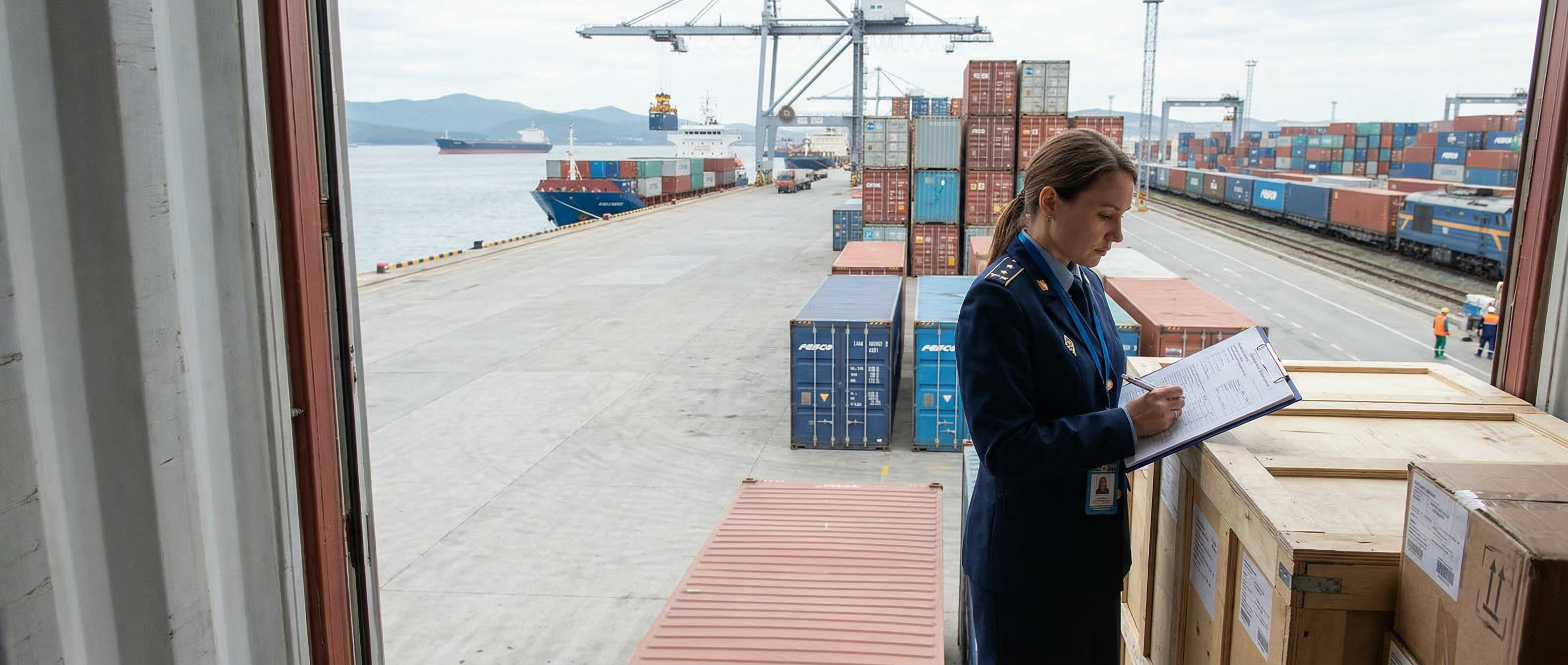 Таможенный контроль грузов в порту: инспектор проверяет документы на фоне контейнеров.