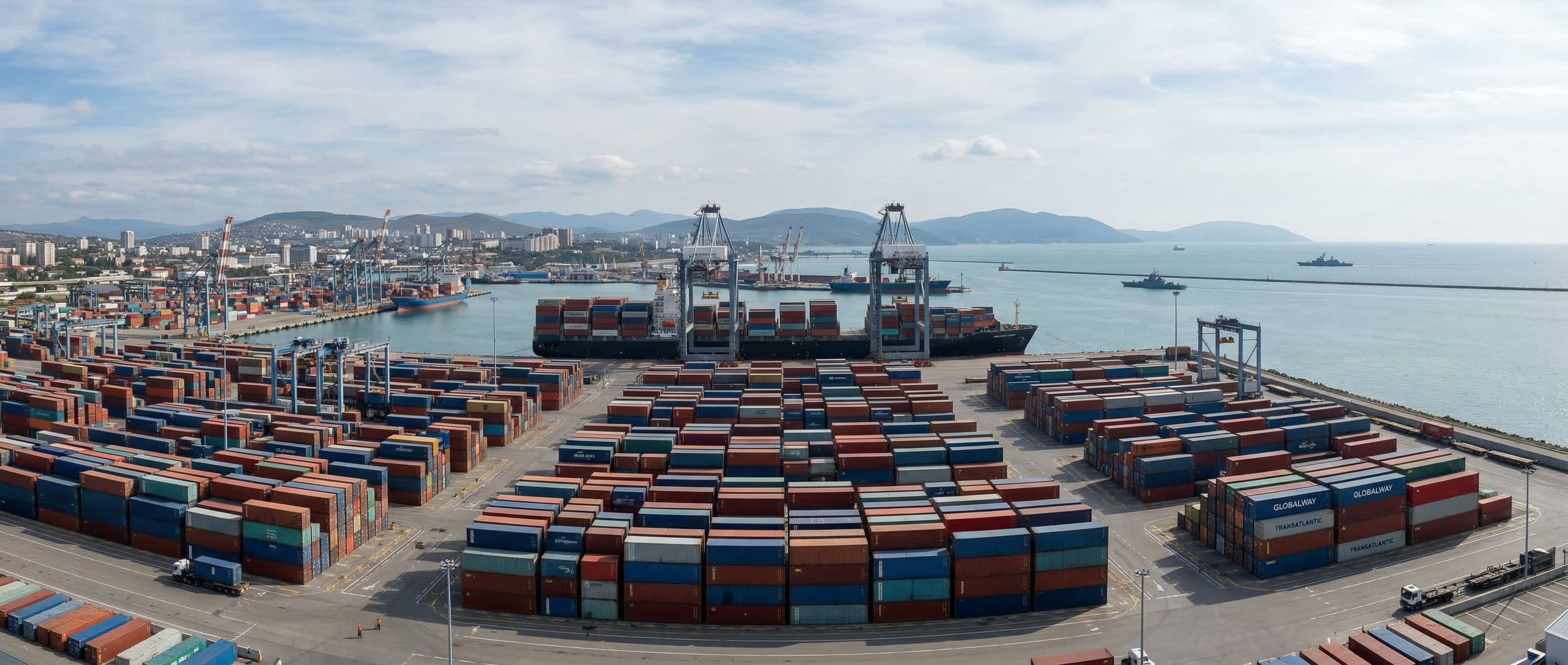 Ваще обозрение на панораму грузового терминала в порту юга России с рядами контейнеров, кранами и контейнеровозом у причала.