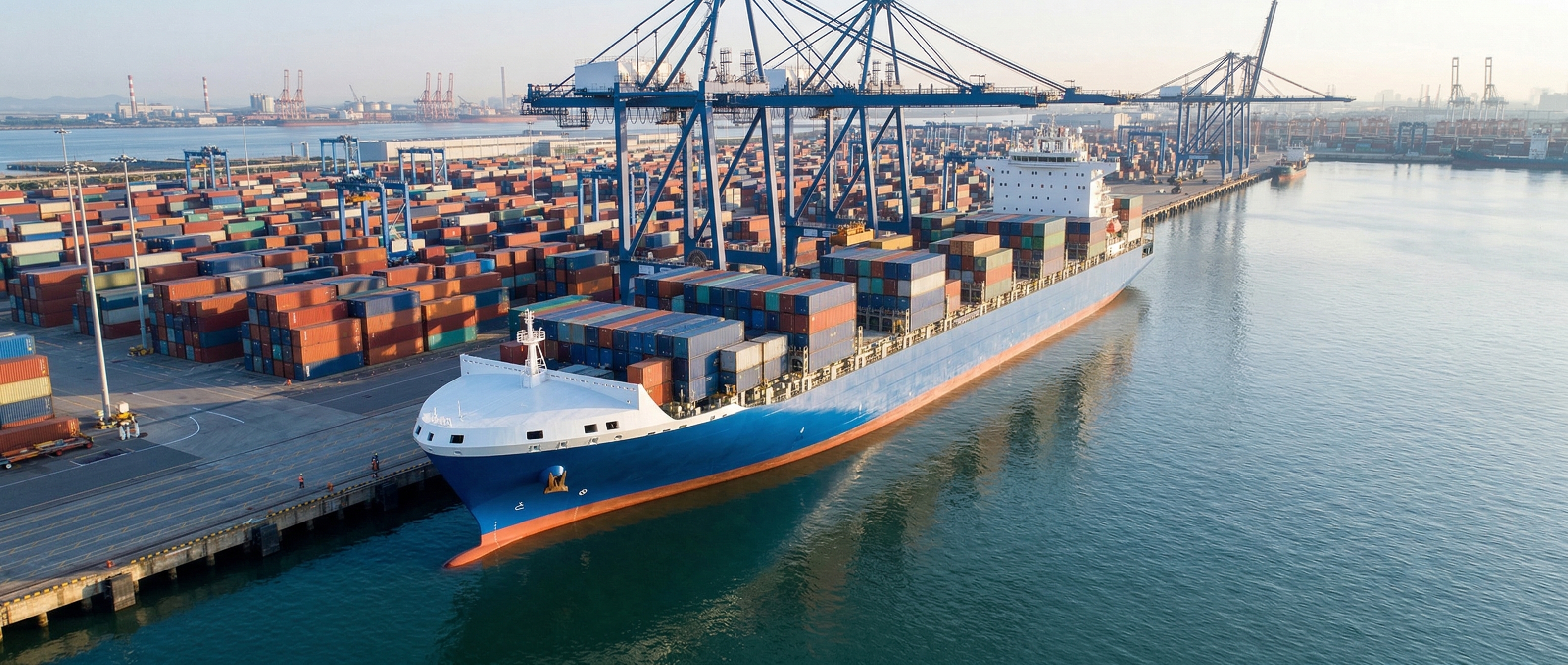 Разгрузка или погрузка современного контейнеровоза в крупном морском порту в рамках логстики Китай-Россия.