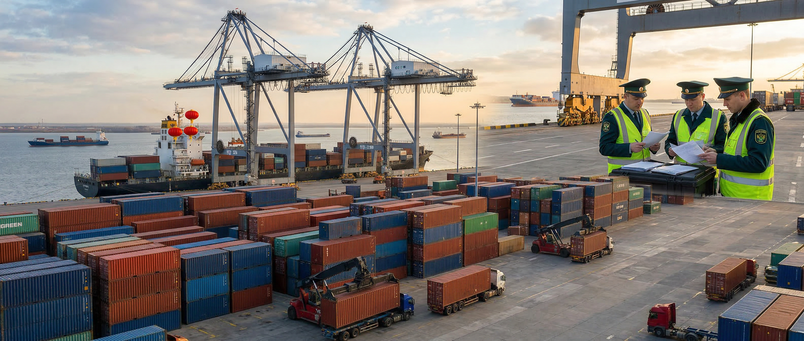 Мореходные контейнеры в терминале порта на фоне кранов и заходящего солнца, символизирующие логистику и таможенное оформление.