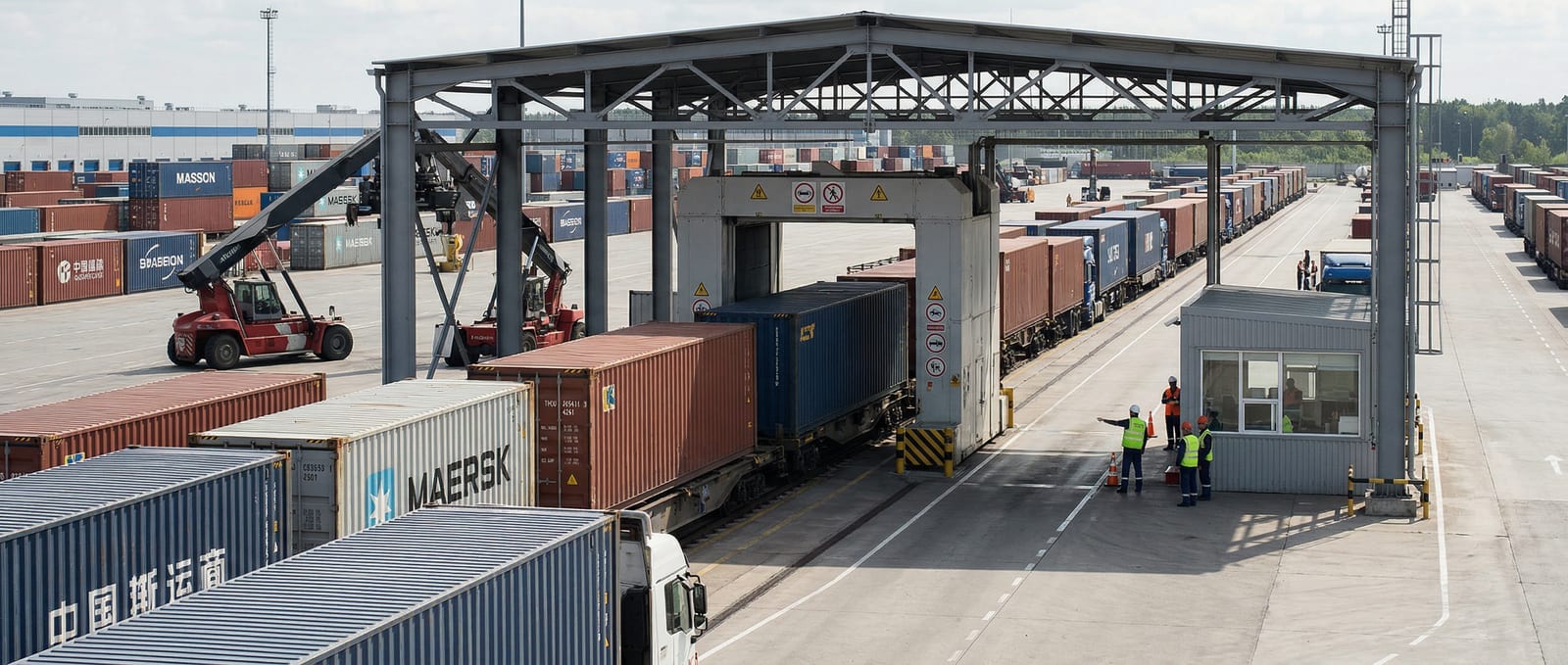 Процесс рентгеновского досмотра грузового состава и контейнеров на логистическом терминале, 21:9.