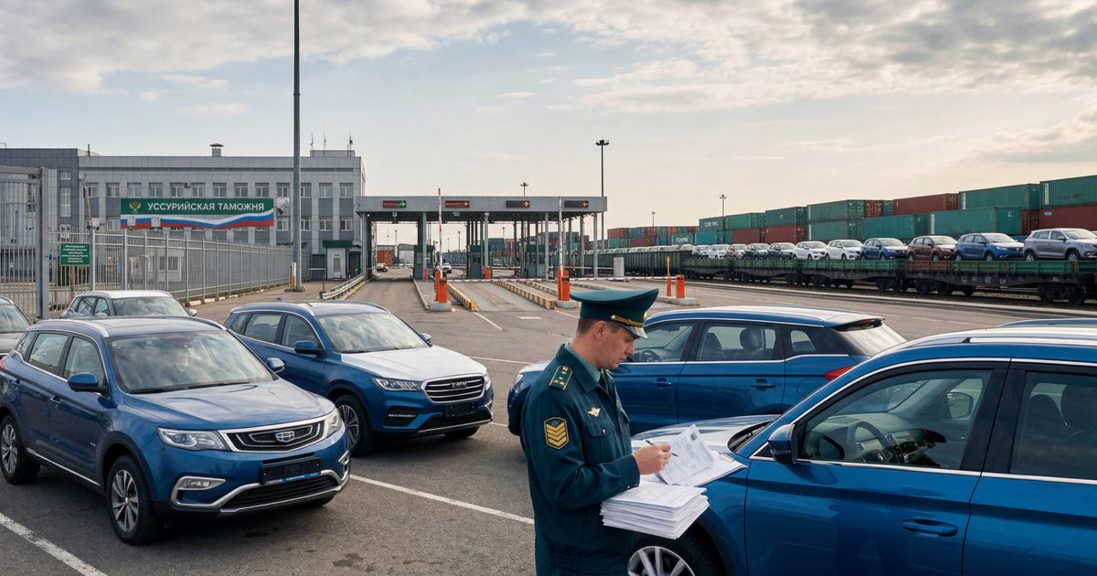 Таможенный инспектор со стопкой документов на фоне ввезенных китайских автомобилей в зоне таможенного контроля в Уссурийске.